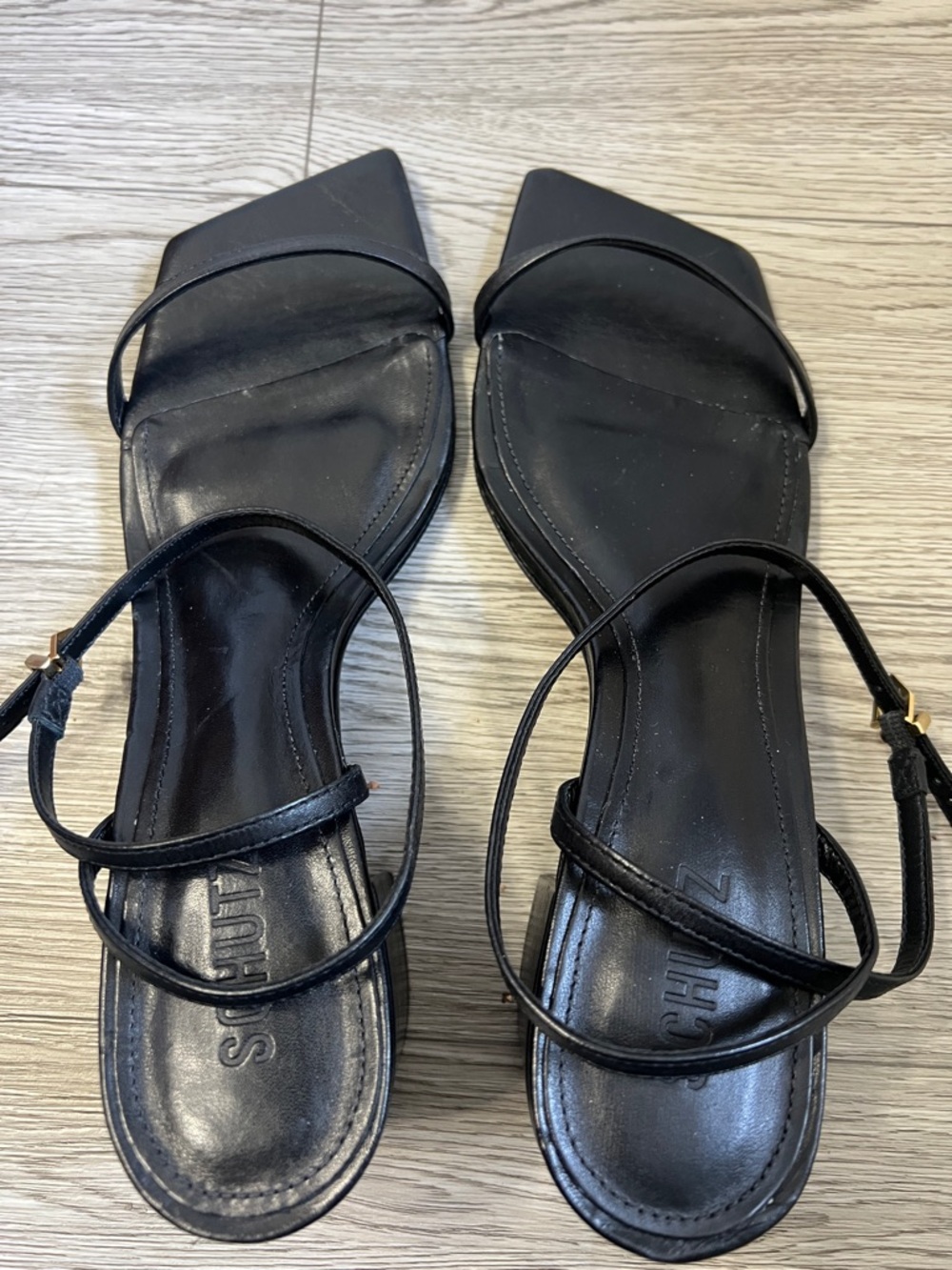 SCHUTZ NWOB Black Leather Kendall Mid Block Square-Toe Sandals - Picture 2 of 7